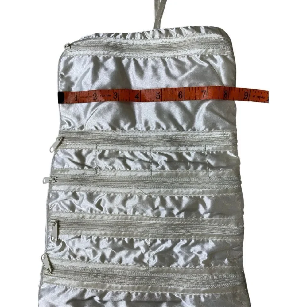 Vintage Satin Hanging Jewelry Organizer Roll Travel Case Ivory Monogram Bridal